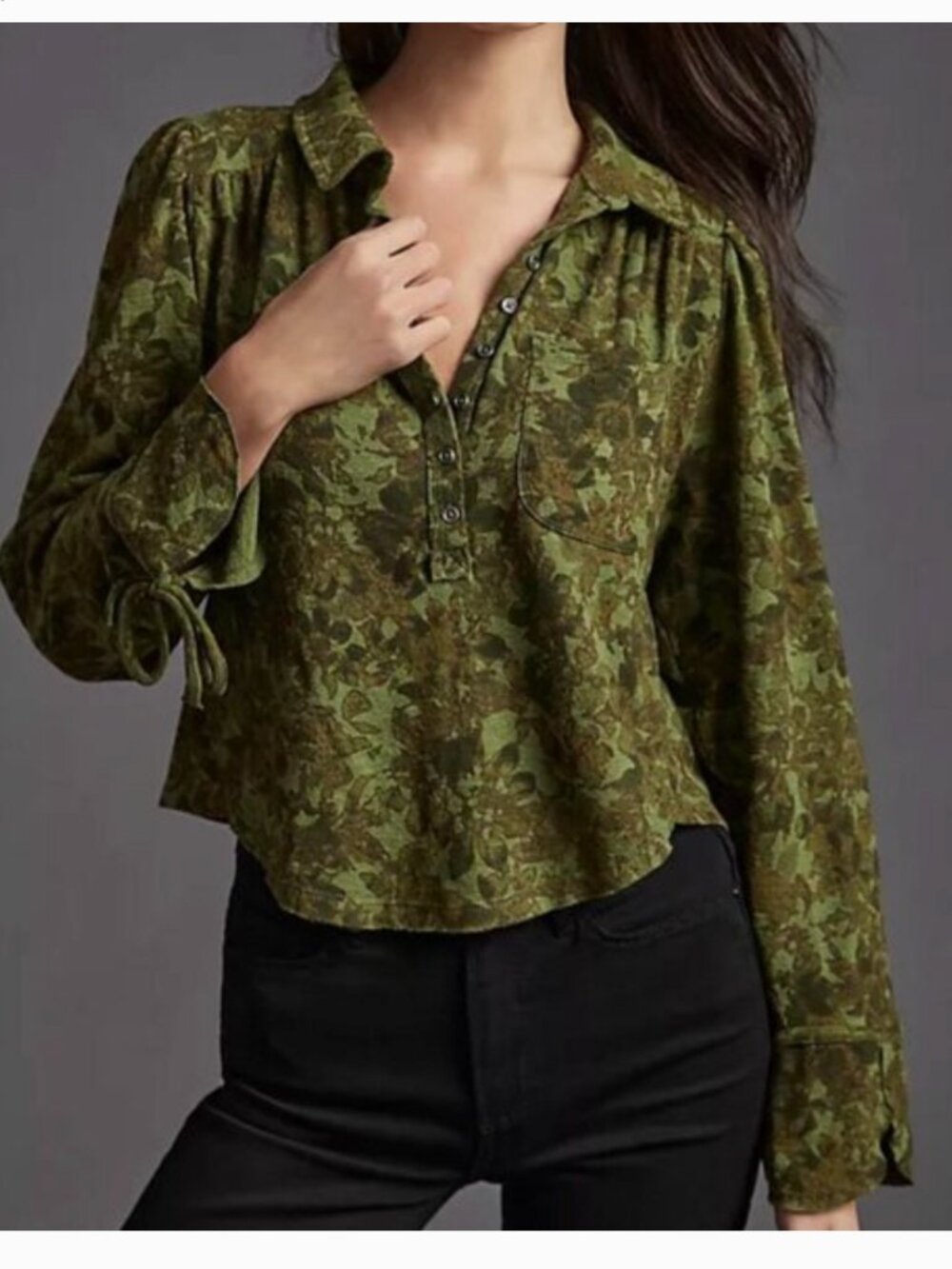 ANTHROPOLOGIE Pilcro Puff Sleeve Blouse Camo Top Size M